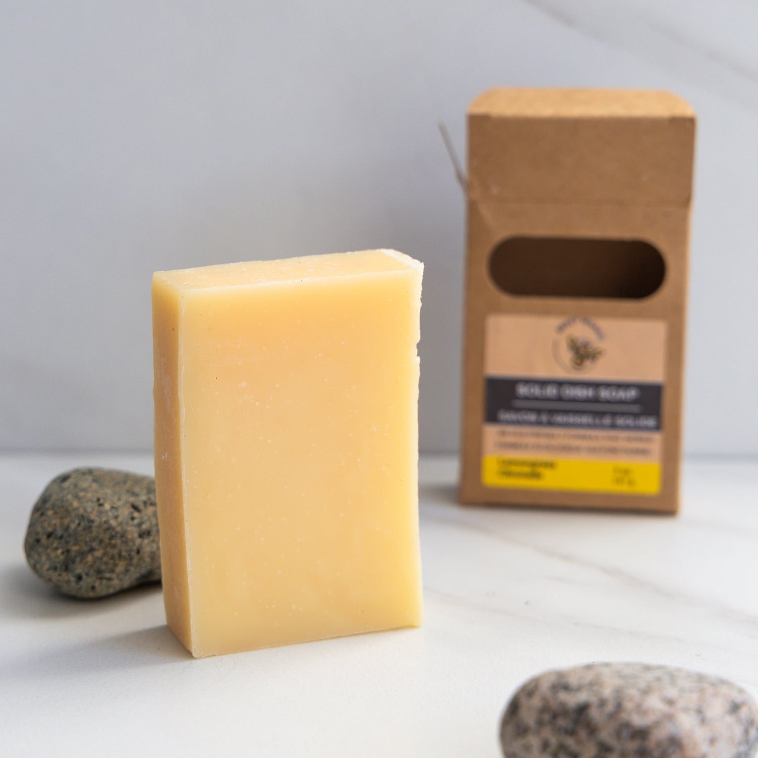 A solid bar of lemongrass-scented eco-friendly dish soap
