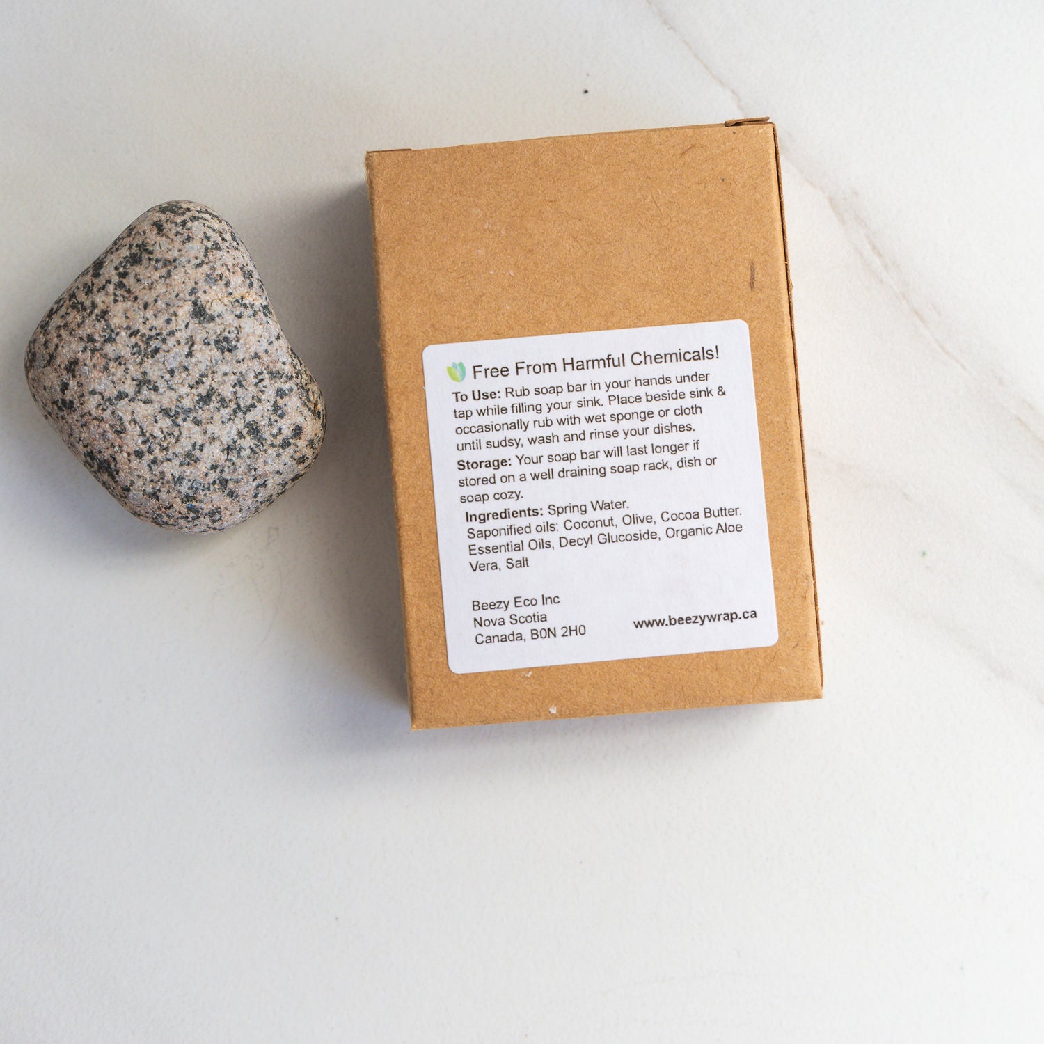The back of a box for eco-friendly solid dish soap showing instructions and ingredients