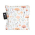 A large reusable zip bag made of a mushroom-motif fabric