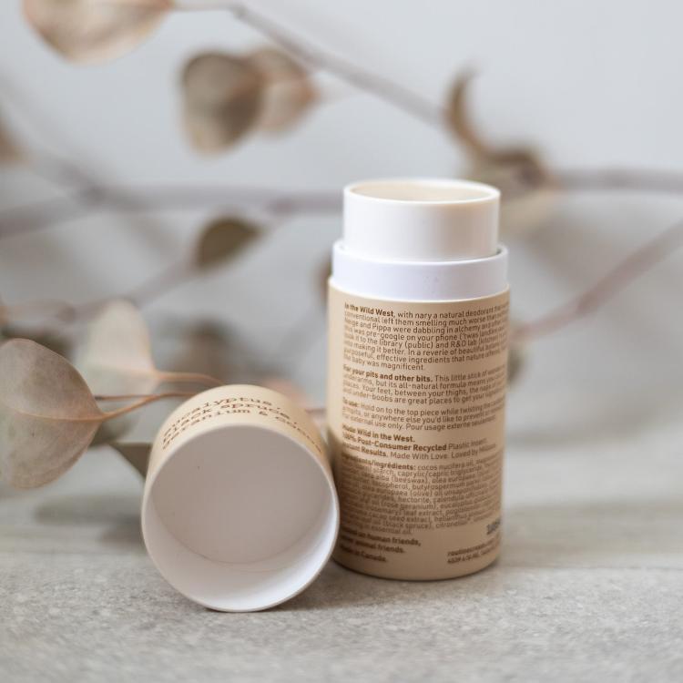 An open tube of Routine all-natural deodorant in "The Curator" scent