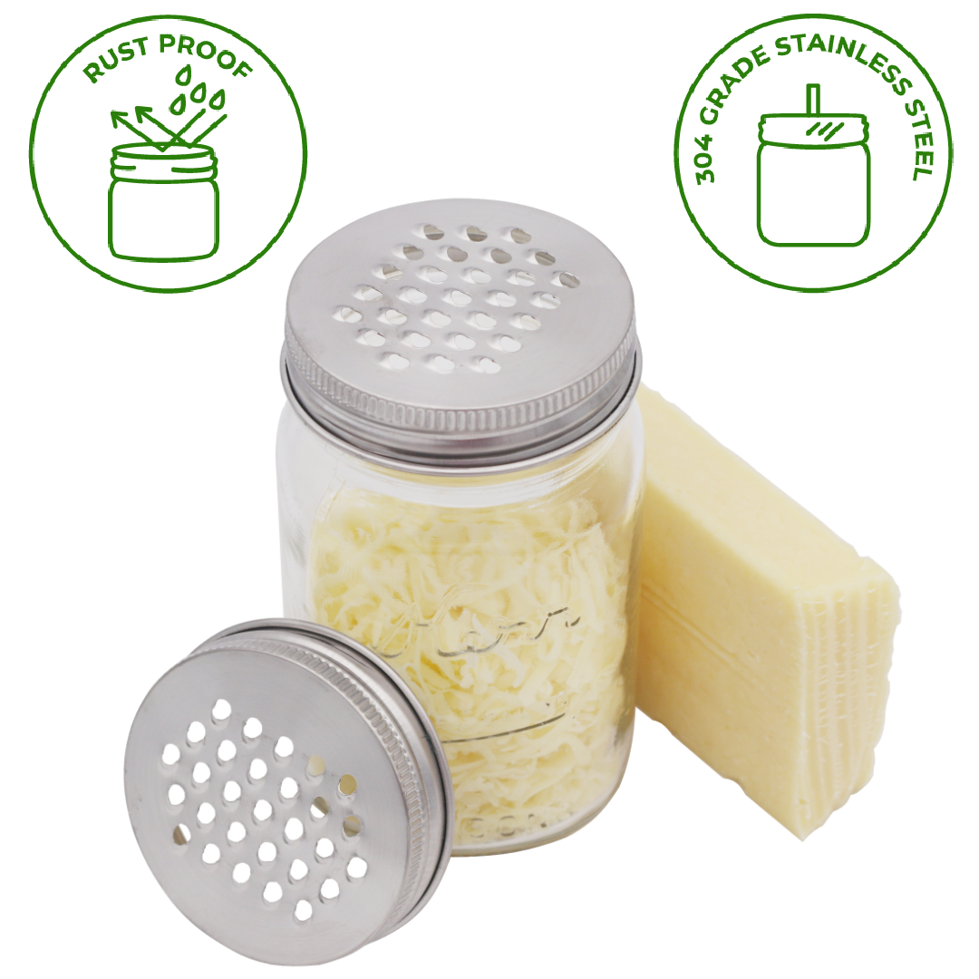 An infographic for a stainless steel grater lid for mason jars describing it as rustproof and made of 304 grade stainless steel