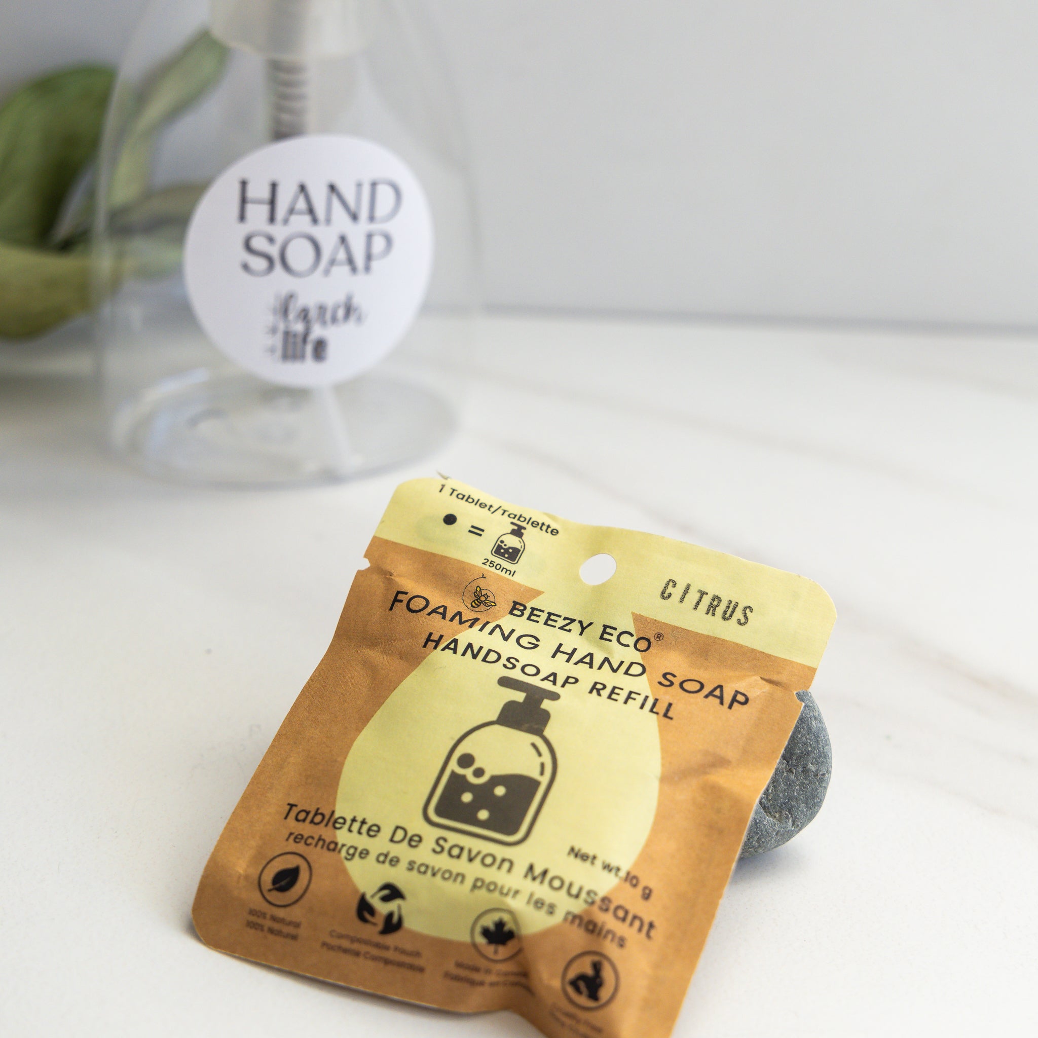 A package of citrus scented eco-friendly foaming hand soap