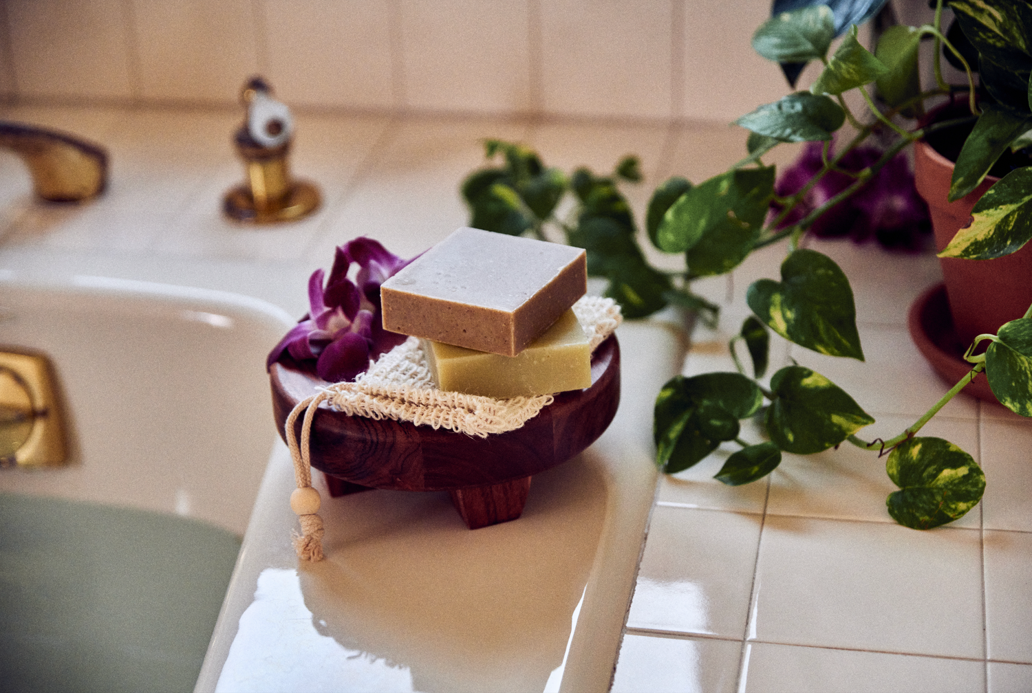 Two bars of Desesh natural bar soap sitting on a soap dish beside a bath