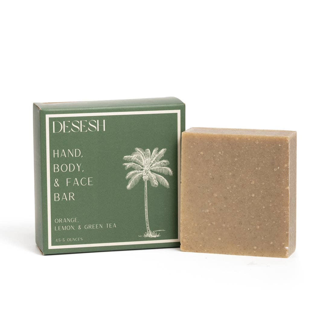 A bar of Desesh natural bar soap in orange, lemon, and green tea variety