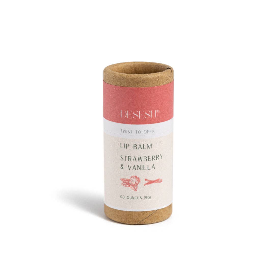 A strawberry and vanilla eco-friendly lip balm