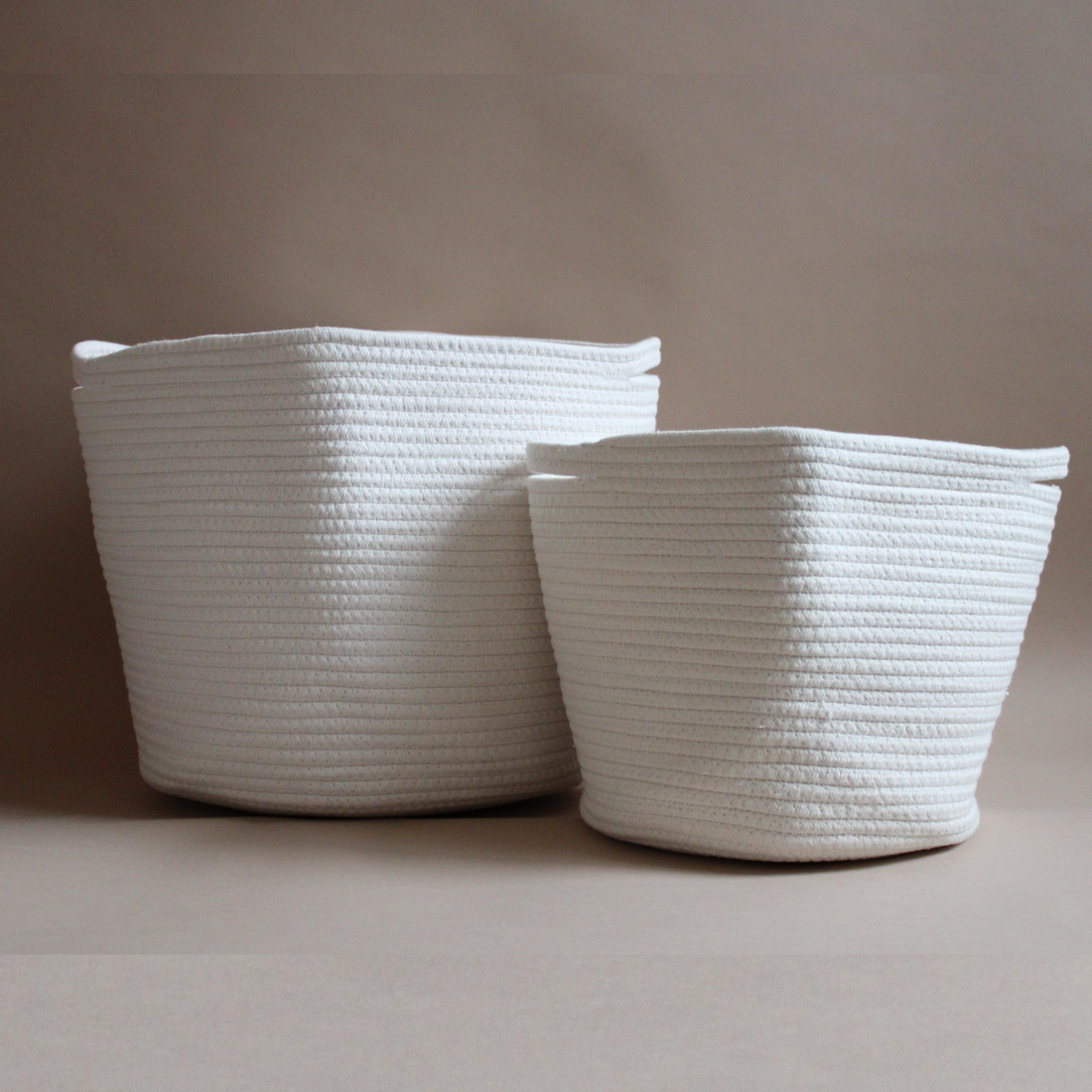 Two sizes of handmade natural cotton rope baskets