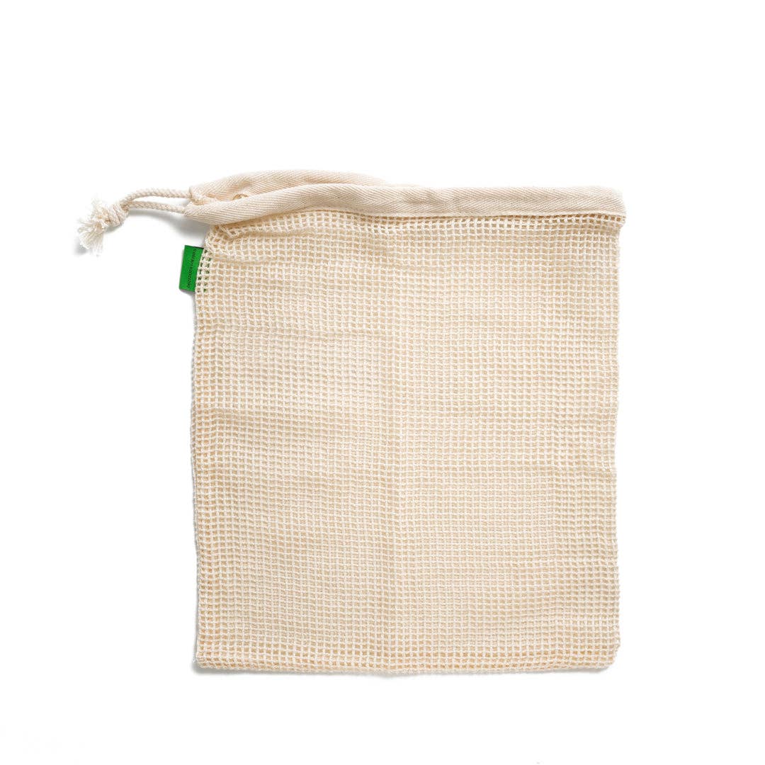 A natural mesh produce cotton drawstring bag