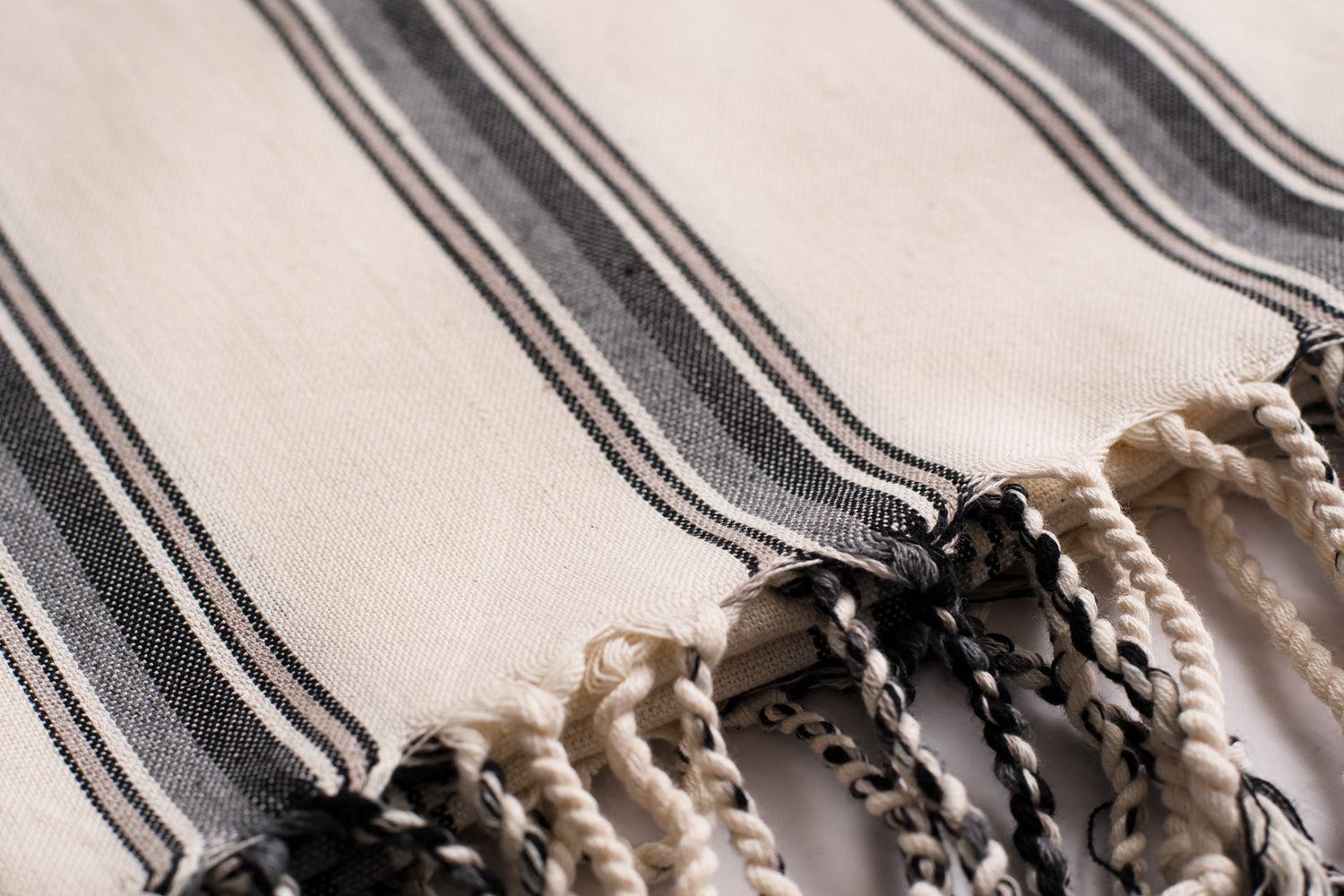 A close up of a white and grey natural cotton Turkish hand towel showing texture