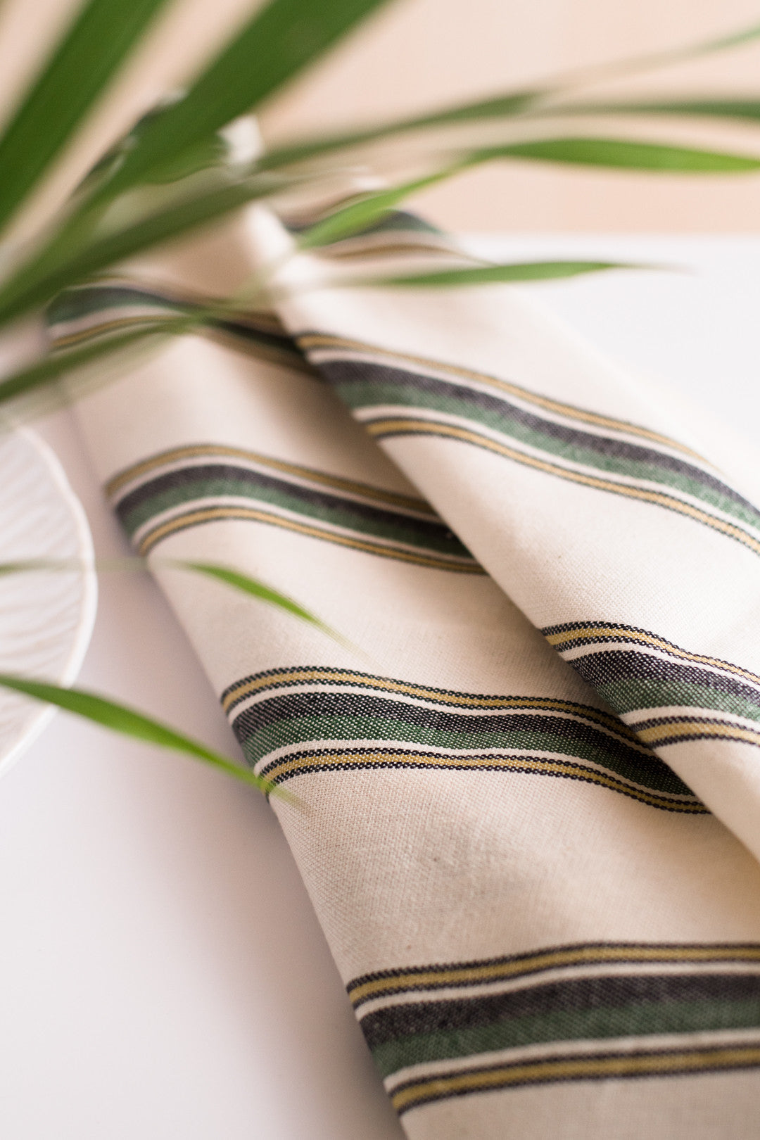 A white and green natural cotton Turkish hand towel sitting next to a plant