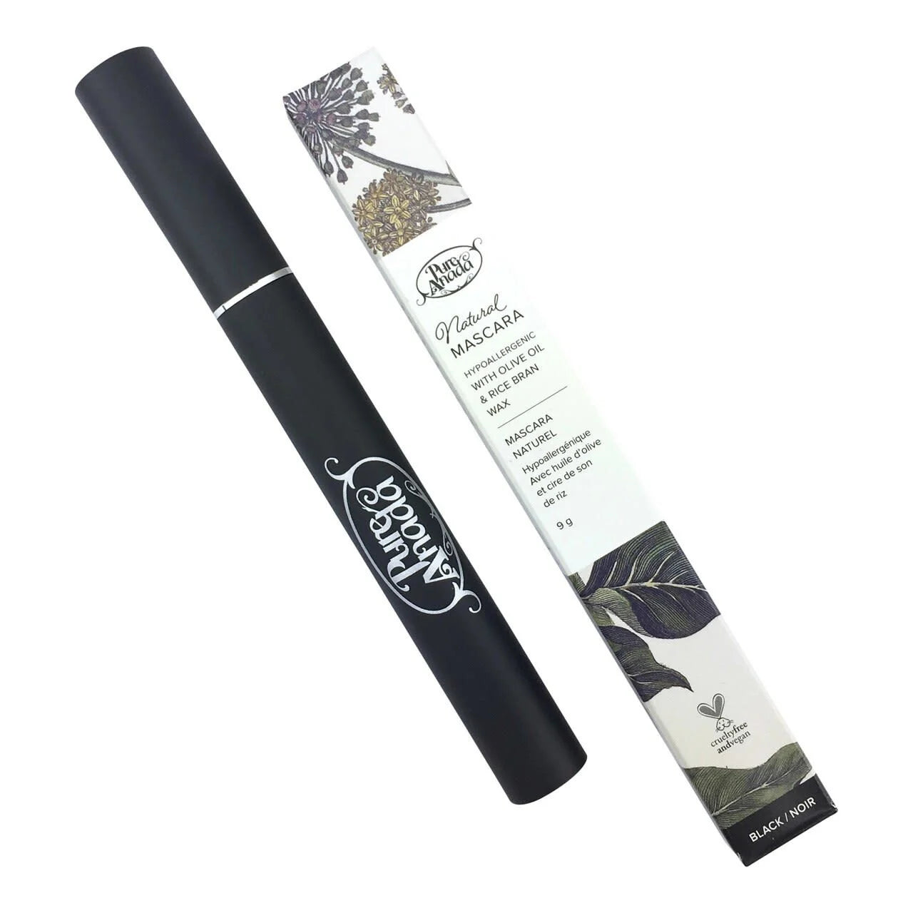 A tube of Pure Anada natural mascara next to outer packaging box