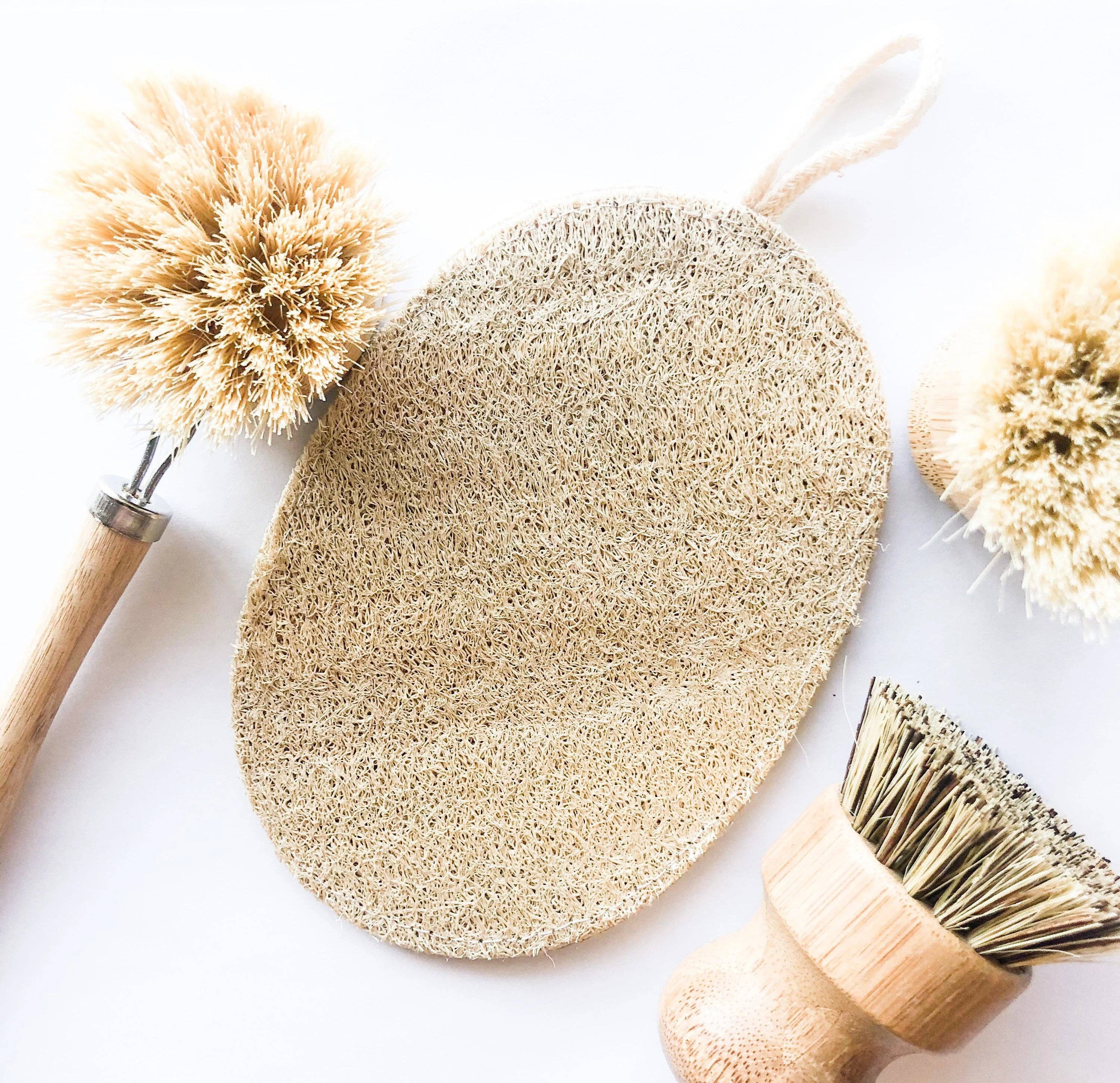 A natural loofah sponge pictured with other various cleaning supplies