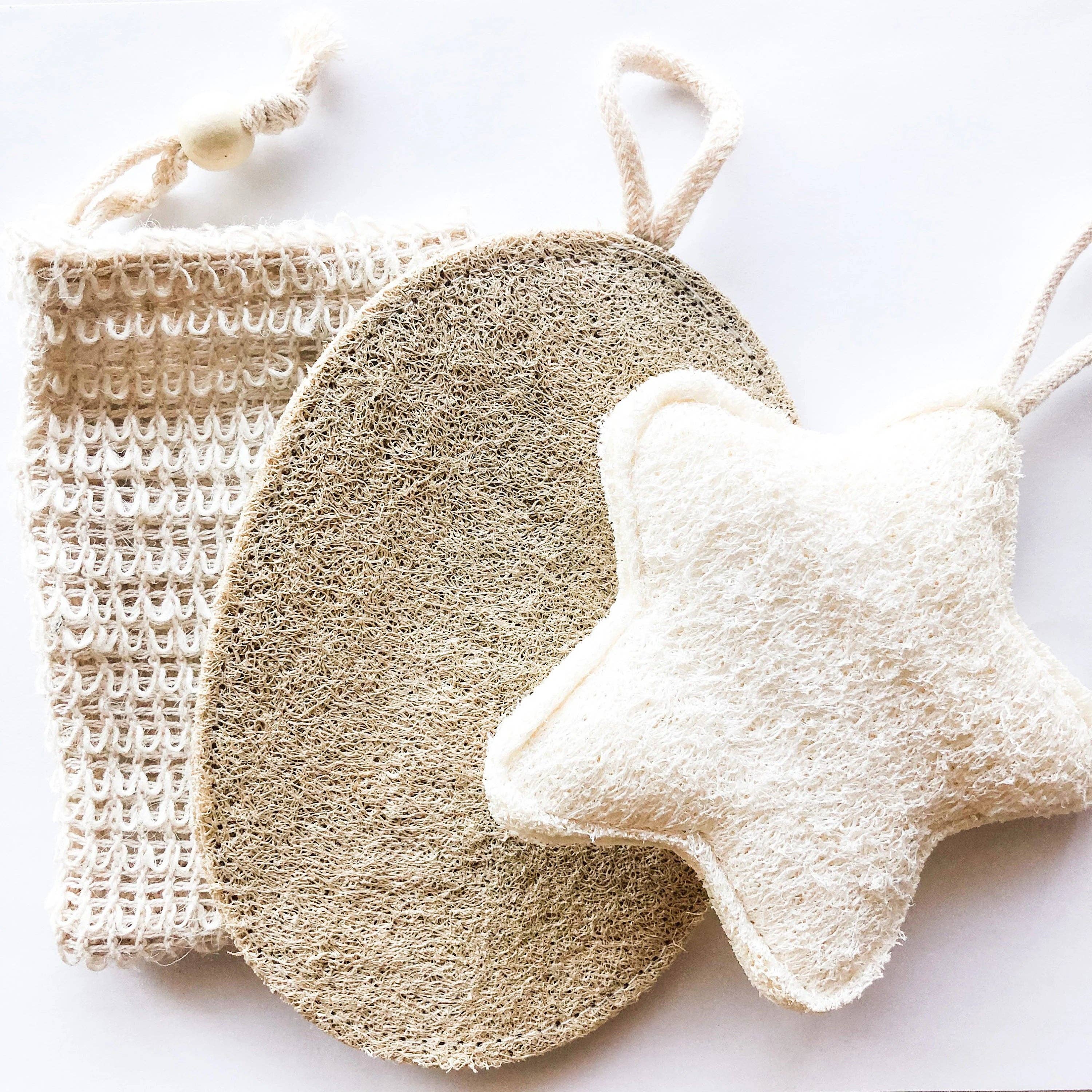 A natural loofah sponge with other scrubbing products