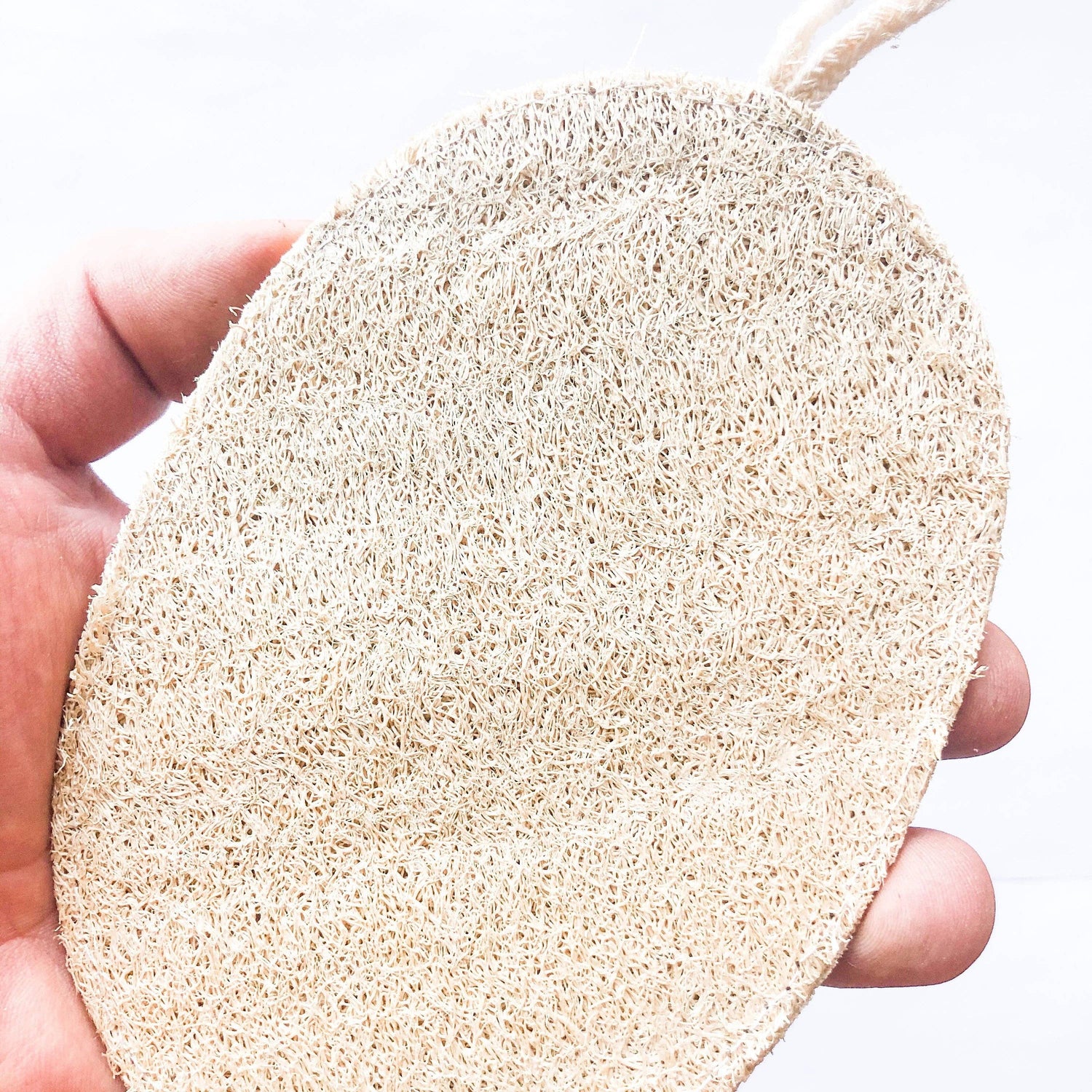 A closeup of a person holding a natural loofah sponge