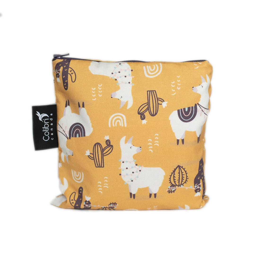 A large reusable zip bag in made of a llama themed fabric