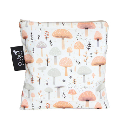 A large reusable zip bag made of a mushroom-motif fabric