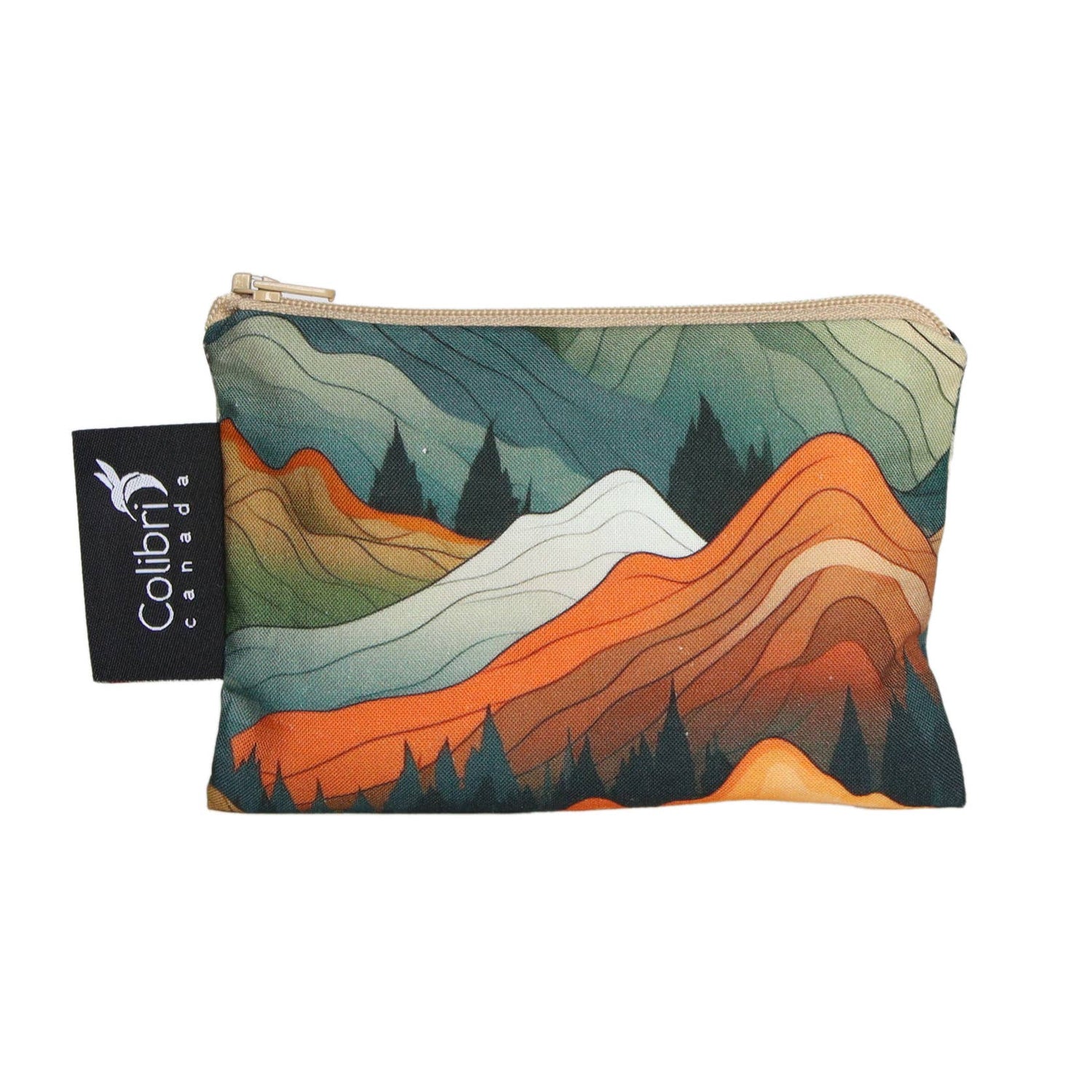 A small reusable zip bag made of a mountain-motif fabric