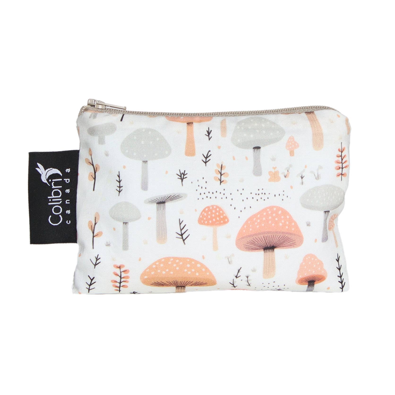 A small reusable zip bag made of a mushroom-motif fabric