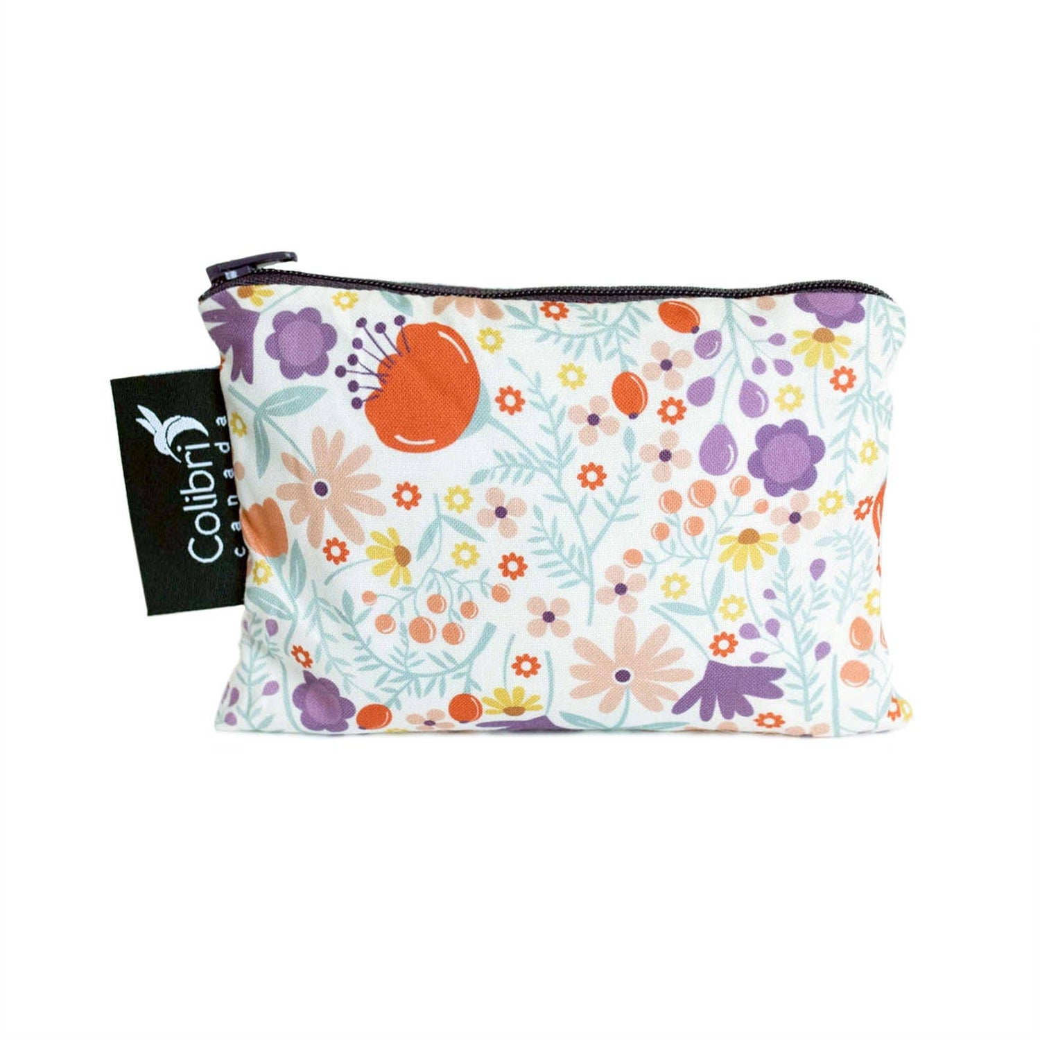 A small reusable zip bag in made of a flower-motif fabric