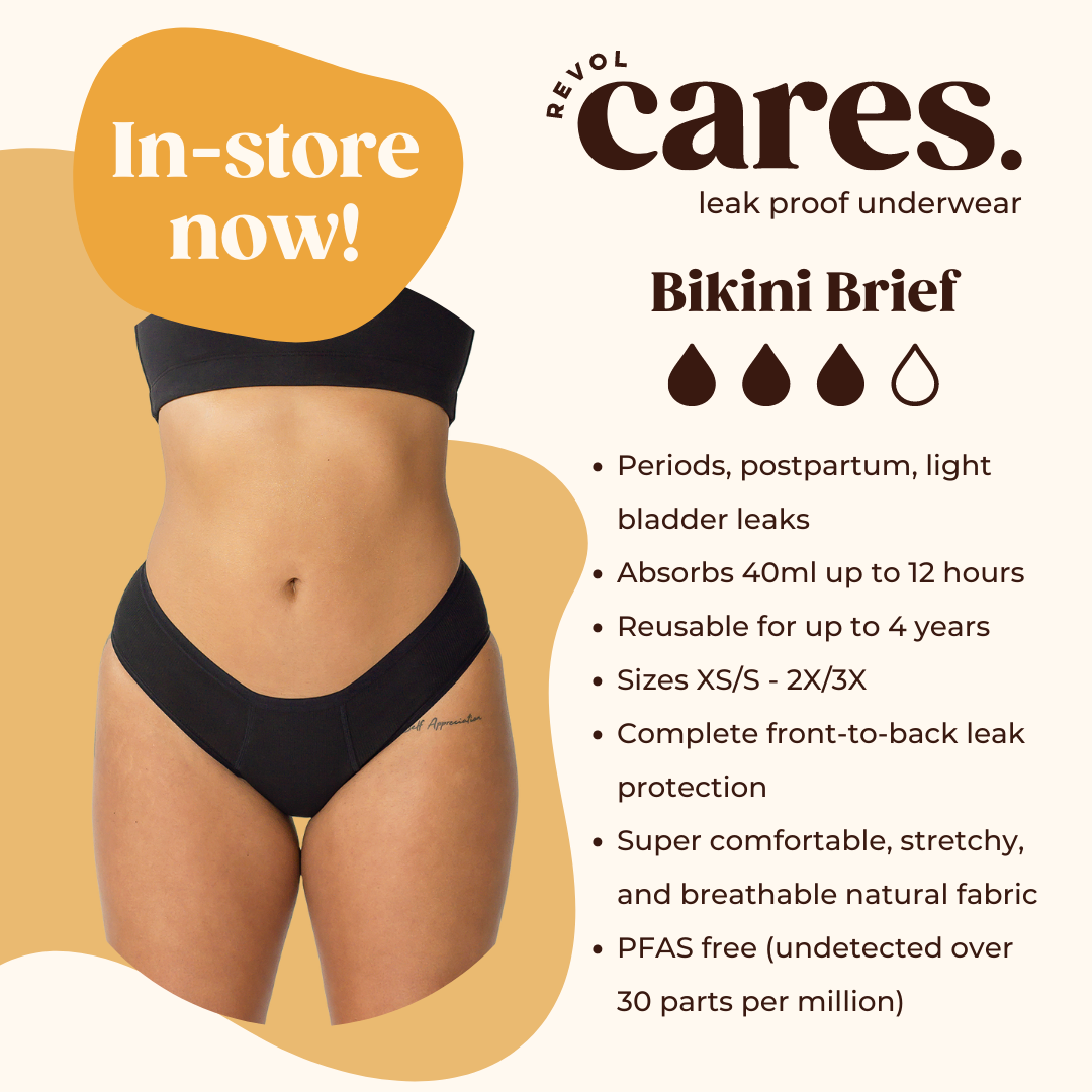 An infographic describing a few features of the REVOL bikini brief underwear