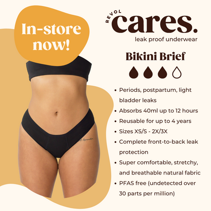 An infographic describing a few features of the REVOL bikini brief underwear