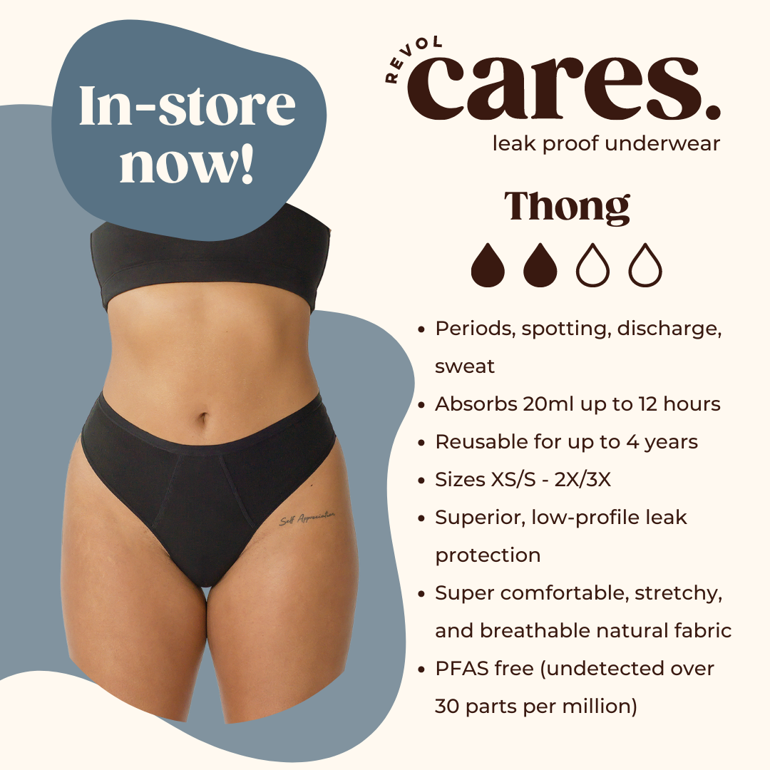 An infographic describes some features of REVOL cares thong underwear