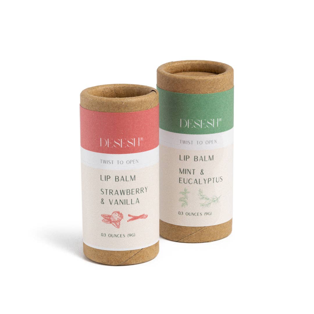 Two eco-friendly natural lip balms, one is strawberry vanilla and the other is mint eucalyptus