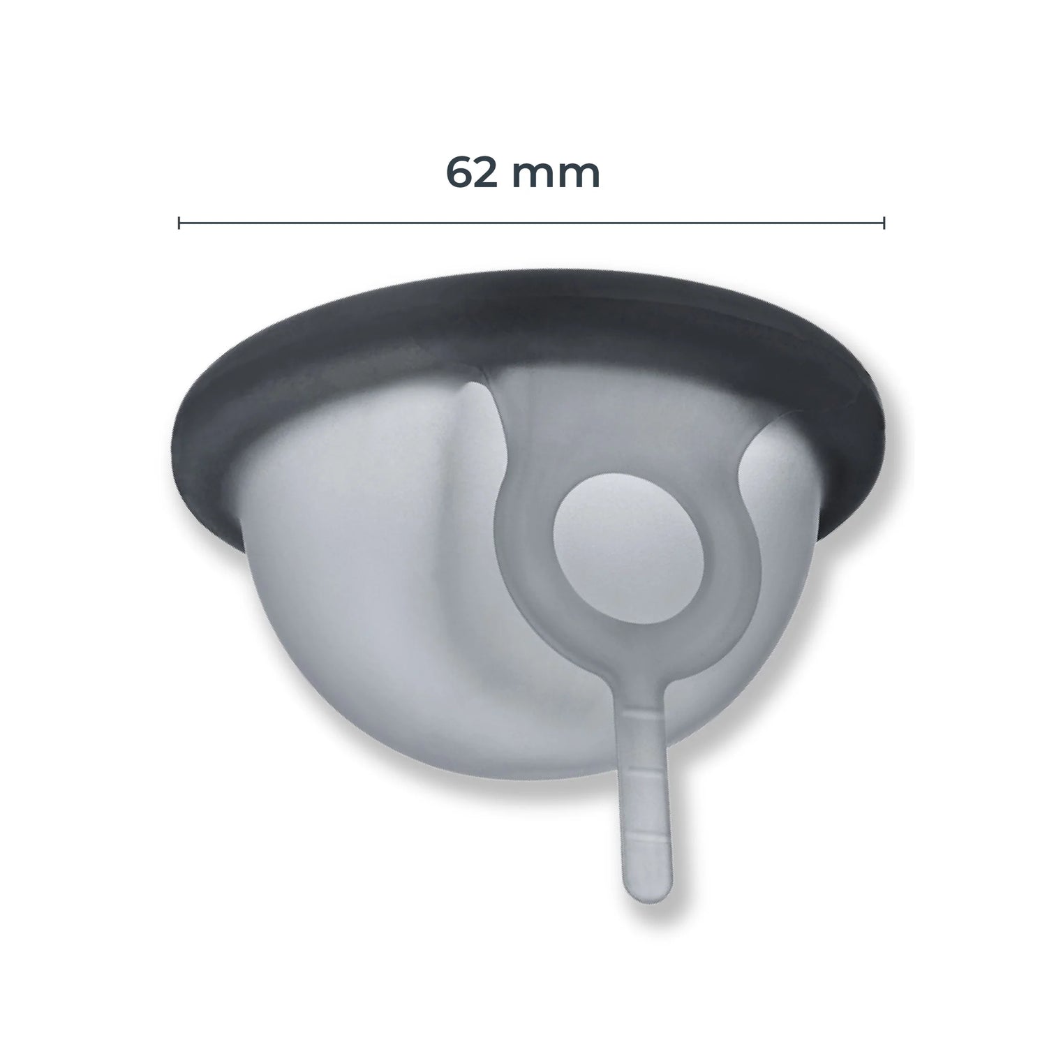 A Fornix menstrual disc with scale showing that it has a 62mm diameter