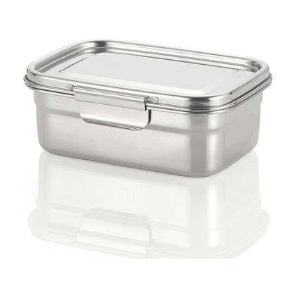 A stainless steel bento box with lid closed