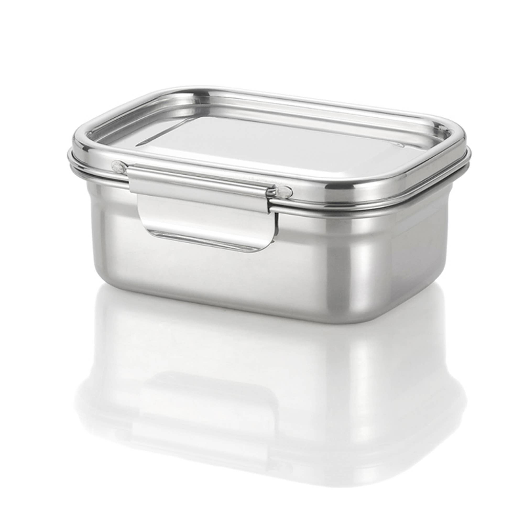 A stainless steel bento box with lid closed