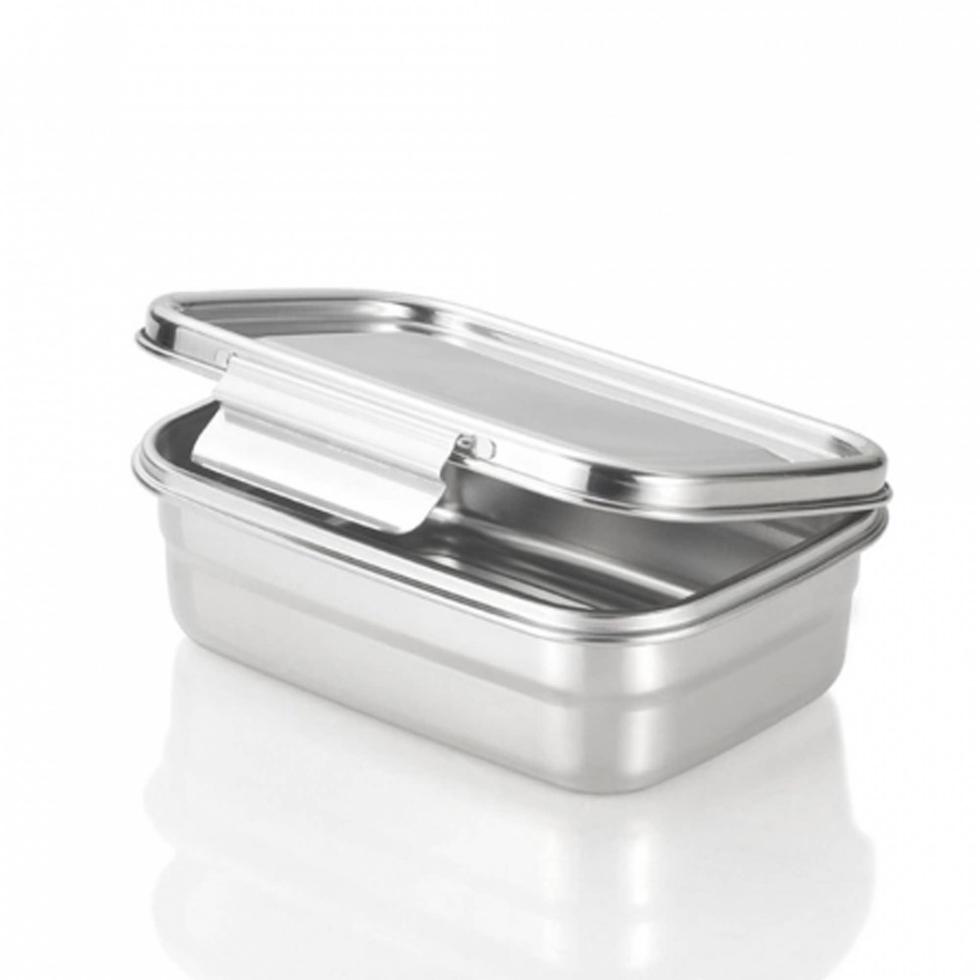 A stainless steel bento box with lid on top and propped open