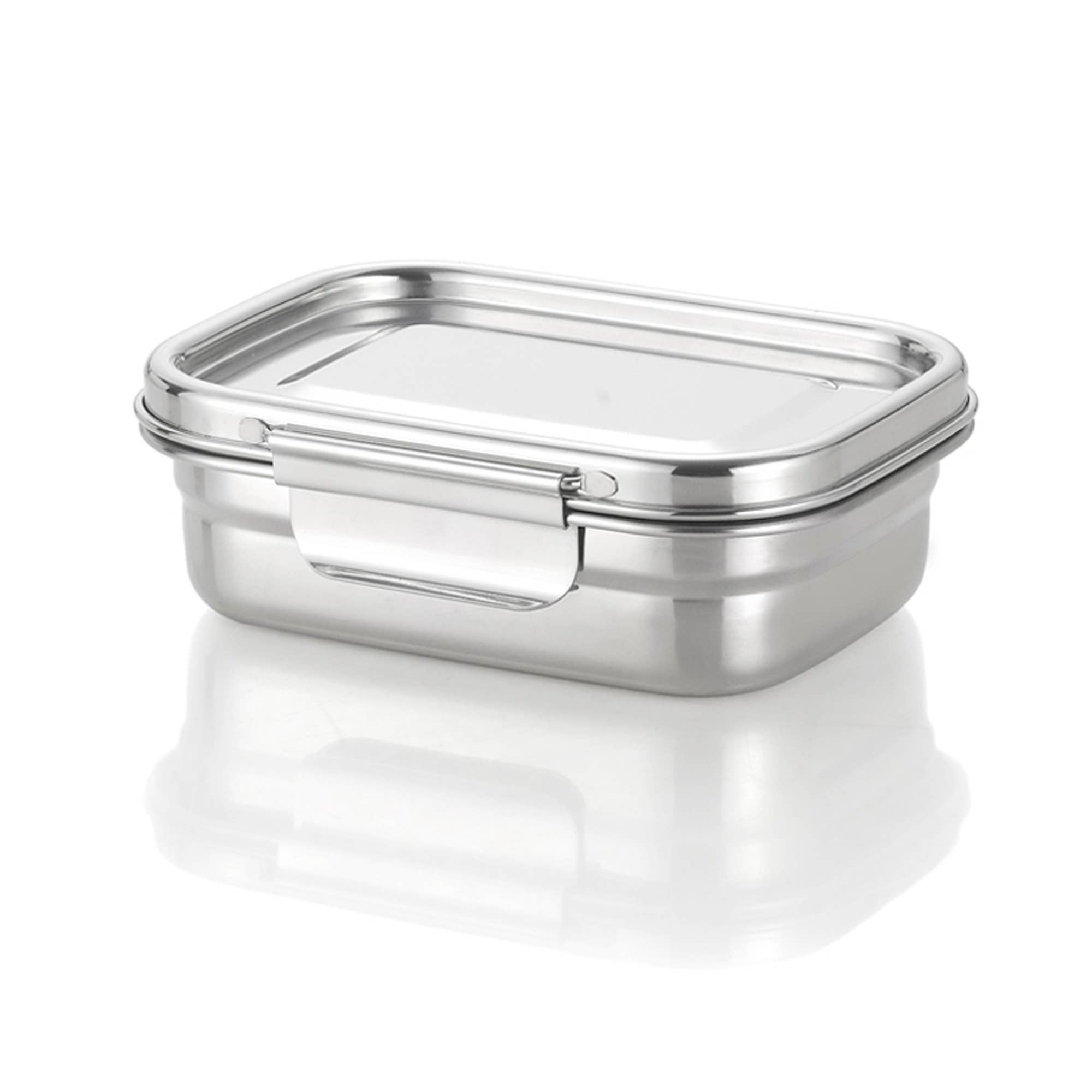 A small stainless steel bento box with lid closed