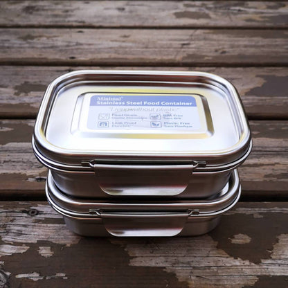 A stack of two small stainless steel bento boxes