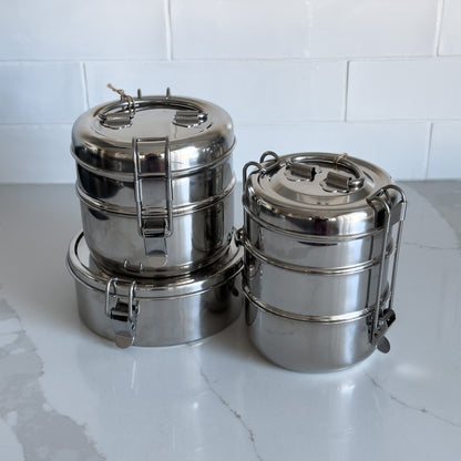 Three styles of sustainable stainless steel tiffin containers